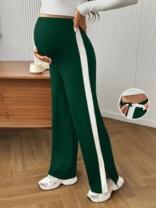 SHEIN 孕婦拼接配色可調腰圍休閒日常穿著緊身內搭褲 - 墨綠色 - 查看 3