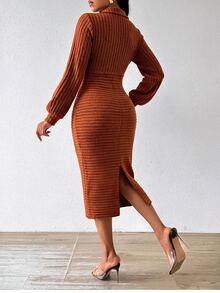SHEIN Lady Gaun Midi Polos Pas Badan untuk Wanita, Cocok untuk Perjalanan Sehari-hari - Rust Brown - View 2