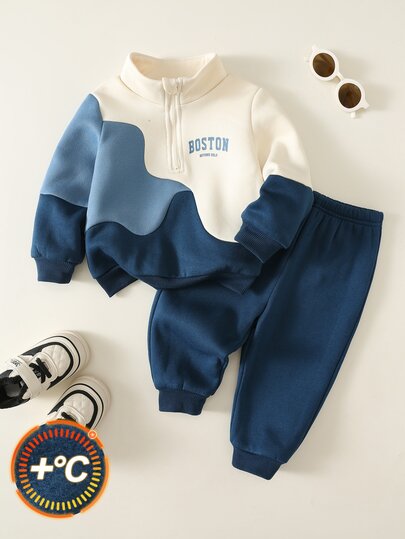 SHEIN Conjunto de 2 piezas para bebé niño con chaqueta de punto de manga larga en colores contrastantes y pantalones largos de cintura elástica