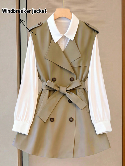GlowEve CURVE Plus Size Women's Elegant Comfortable Versatile Classic Khaki Lapel Double-Breasted Belted Sleeveless Trench Coat, Suitable For Autumn/Winter Commute Layering With Shirts