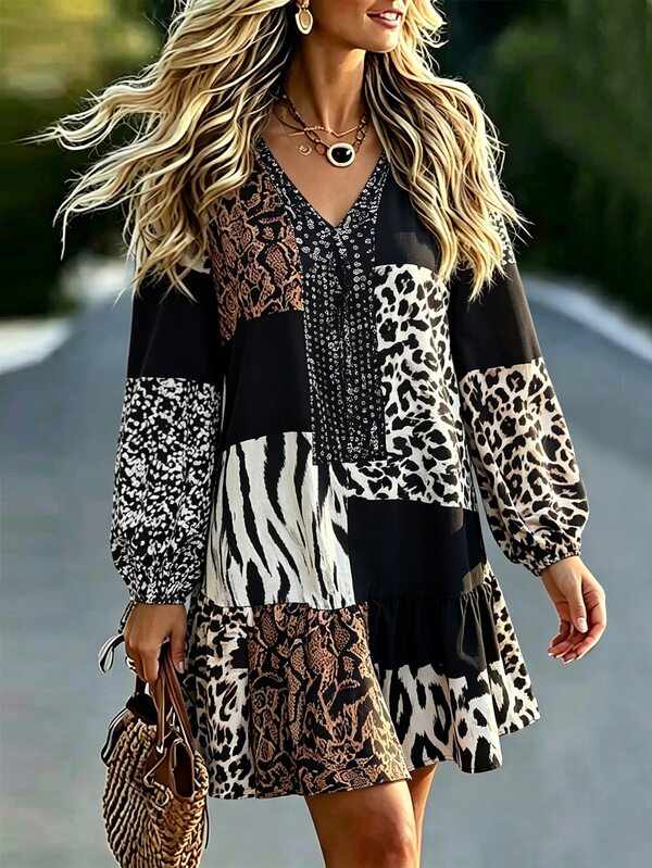SHEIN LUNE Women's Short Dress, Women's Casual Dress, Women's Vacation Dress, Women's Leopard Print Dress, Women's Casual Dress, Women's Autumn Clothing, Women's Winter Clothing, Women's Commuter Dress, Women's Simple Dress, Women's Petal Sleeve Dress, Patchwork Fashion Dress