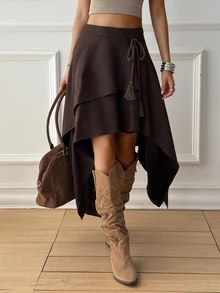 Livesso Women's Solid Color Casual Boho Western Versatile Daily Skirt Autumn Work Everyday Dark Brown - Coffee Brown - View 4