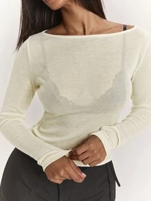 SHEIN BAE 女款優雅性感休閒日常羊絨輕量針織透視上衣，適合打造經典百搭上衣、休閒上衣、黑色上衣、百搭上衣、通勤上衣，2合1上衣 - 黃色 - 查看 8