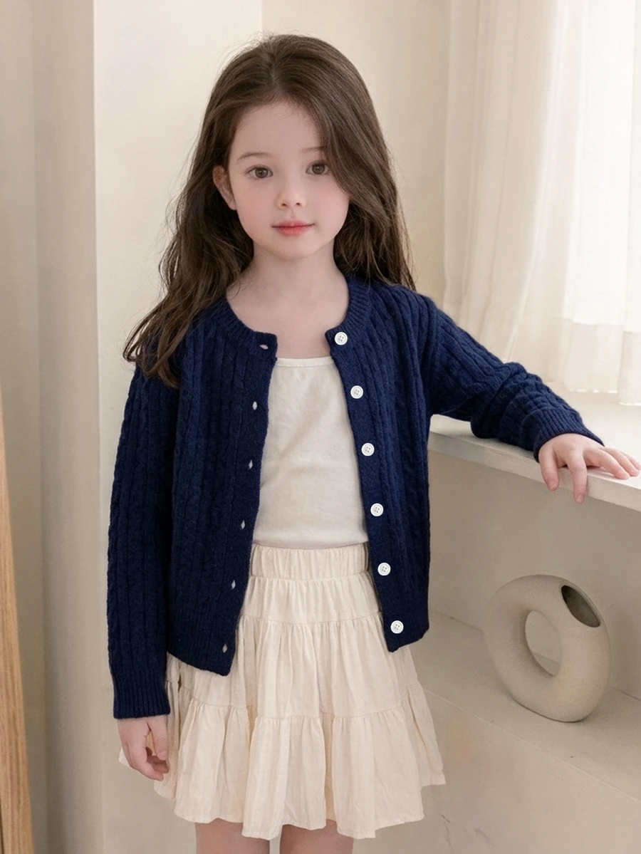 Dazy Kids Young Girls' Casual Cardigan Sweater, Basic Autumn/Winter Outer Layer, Navy Blue Contrast Color Button Front - Navy Blue - View 1