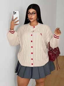 Maweii Plus Size Women's Textured Cable Knit Button Embroidered Equestrian Casual Cardigan - Apricot - View 1