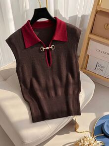 Lavishia Vintage Elegant Metal Button Knitted Vest - Rust Brown - View 3