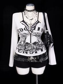 Sunspun Plus Size Subculture Vintage Skull Slim Fit Long Sleeve T-Shirt Fall - White - View 1