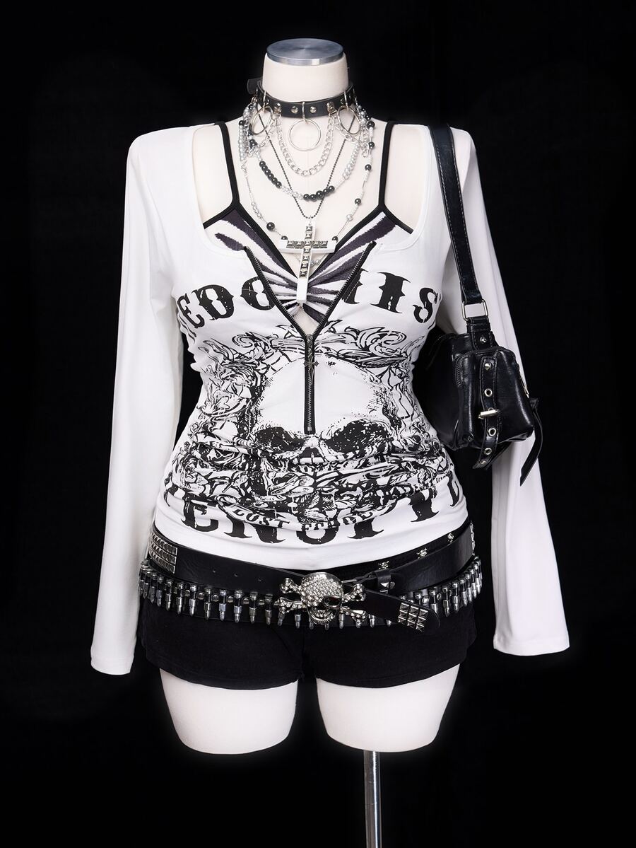 Sunspun Plus Size Subculture Vintage Skull Slim Fit Long Sleeve T-Shirt Fall - White - View 1