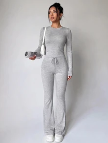 SHEIN Unity Set Pakaian Olahraga Kasual Wanita, Kaos Leher Bulat Warna Polos dan Celana Panjang Potongan Lurus Ramping - Grey - View 4