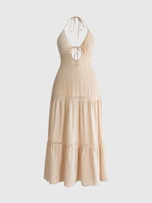 ROMWE Goth Plus Size Lace Patchwork Halter Neck Tie Strap Dress - Beige - View 1