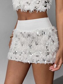 SHEIN Unity Women's Sequin & Plush Patchwork Casual Versatile Daily Outing Mini Skirt - White - View 3