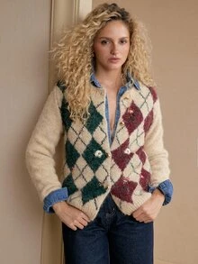 MOTF PREMIUM WOMEN'S VINTAGE HEAVY EMBROIDERY FLORAL ARGYLE PATTERN SINGLE-BREASTED CARDIGAN - Khaki - View 7