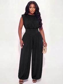 Poshavie Poshavie Plus Size Women's Fashion Ruched Jumpsuit, Elastic Fabric Waist-Cinched Slimming Design, Versatile For Party, Outing, Photography And Travel - Black - View 6