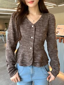 DAZY Kaos Wanita Model Korea Elegan dengan Kerah V dan Hiasan Ruffle untuk Musim Semi/Panas/Musim Gugur - Grey - View 2
