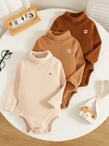 SHEIN 3件裝嬰兒男嬰女嬰純色針織柔軟圓領長袖疊肩包屁衣 秋冬款 - 彩色 - 查看 8