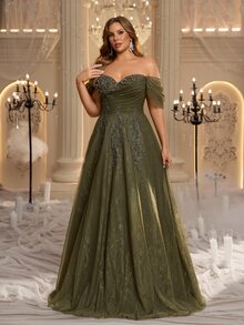Glamrae Plus Size Elegant Romantic Green Off Shoulder Lace Patchwork Mesh Ruched Applique Puff Skirt Extra Large A-Line Suitable For Evening Party Date Ball Vacation Wedding Event Heavy Work Evening Gown Dress - Green - View 6