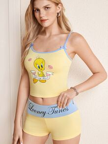 LOONEY TUNES X SHEIN Women's Cartoon Print Camisole & Boy Shorts 2 Pieces Set - Light Yellow - View 3
