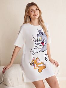 TOM & JERRY X SHEIN Women's Cartoon Print Short Sleeve Nightgown - Apricot - View 1