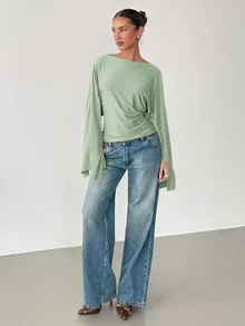 Siren Gaze Women's Solid Color Pleated Casual Versatile Daily T-Shirt - Mint Green - View 2