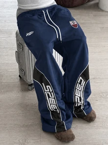 PAVTROS Men's Drawstring Waist Letter Print Casual Everyday Sweatpants - Blue - View 1