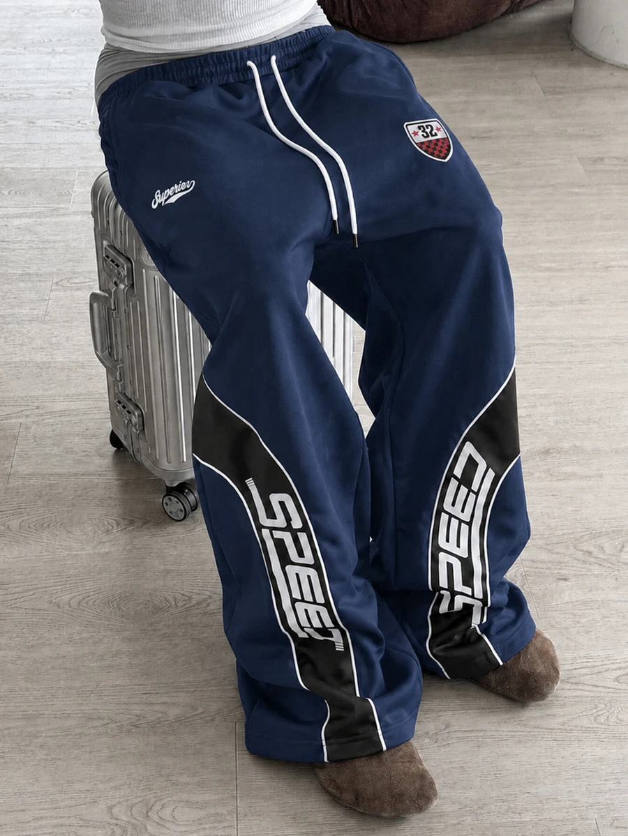 PAVTROS Men's Drawstring Waist Letter Print Casual Everyday Sweatpants - Blue - View 1