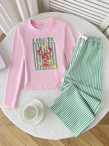 SHEIN 青少年女孩秋冬休閒兩件套，圓領長袖龍蝦與檸檬印花修身上衣搭配條紋印花長褲，日常穿著 - 粉色 - 查看 5