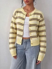 SHEIN BASICS Women's Casual Cardigan, Autumn/Winter Clothing, Y2K Style, Striped Cardigan - Yellow - View 6
