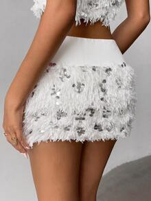 SHEIN Unity Women's Sequin & Plush Patchwork Casual Versatile Daily Outing Mini Skirt - White - View 2