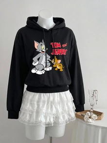 TOM & JERRY X SHEIN SHEIN EZwear 女款卡通圖案休閒日常運動衫 - 黑色 - 查看 6