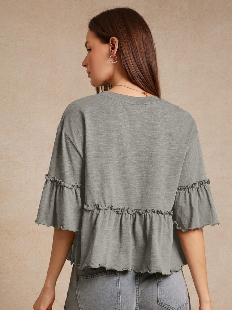 WESTFADE Slub Knit Crewneck Ruffle Sleeve Peplum T-Shirt, Fall Winter 2026 Western Style Cowgirl Clothing, Female Country Look, Autumn, Casual, Cute - Grey - View 2