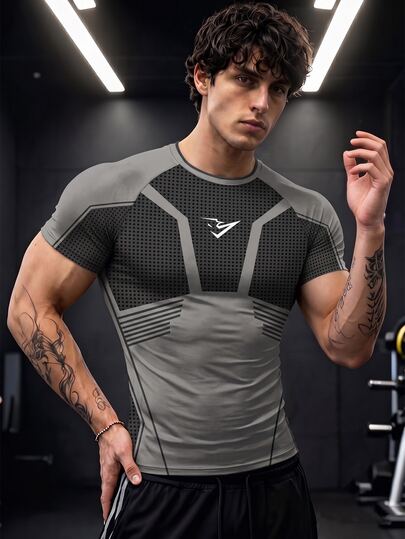 GymBeat Kaos Olahraga Pria Minimalis Bergaris Warna Blok dengan Kerah Bulat dan Lengan Pendek