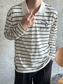 DAZY 男士條紋與字母印花休閒日常長袖T恤 - 彩色 - 查看 1