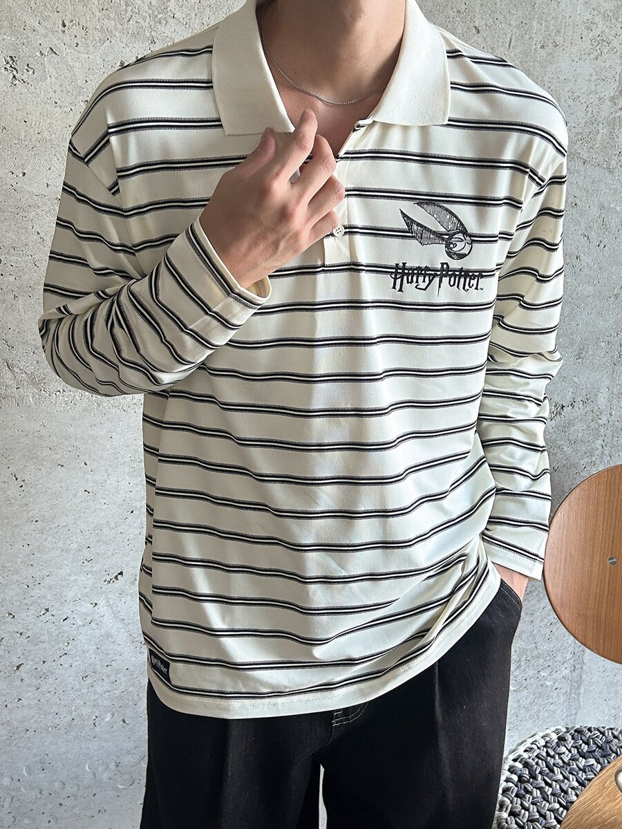DAZY 男士條紋與字母印花休閒日常長袖T恤 - 彩色 - 查看 1
