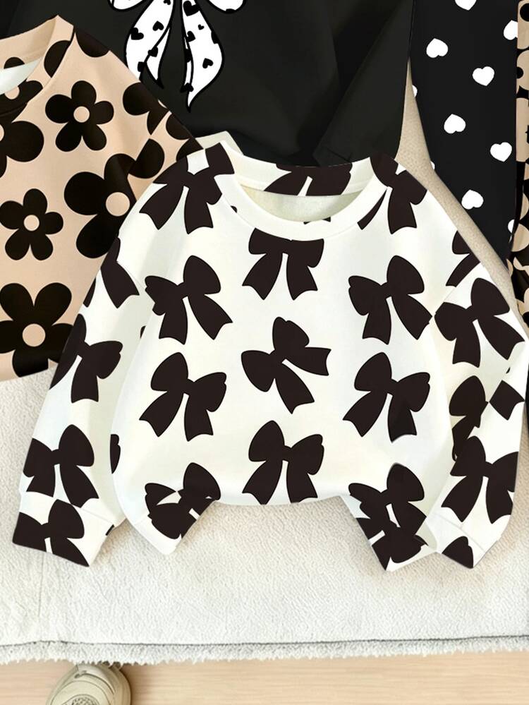 (3 Sets) Girls' Fashion Casual Floral Polka Dot Bow Design Basic Crew Neck Sweatshirt And Leggings Set - Multicolor - View 3