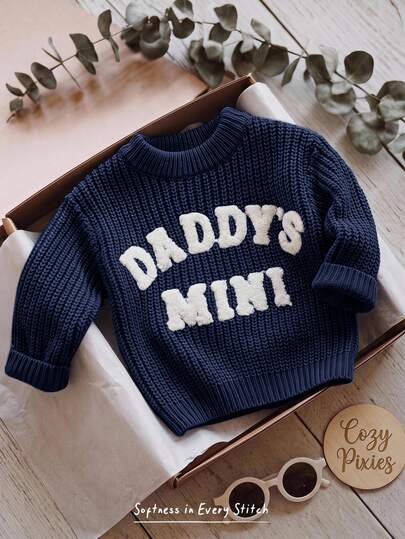 Cozy Pixies Baby Boys Sweaters Comfortable Soft - Casual Versatile Daily Cute 3D Letter Pattern Crew Neck Blue Long Sleeve Pullover Sweater Autumn Winter Top