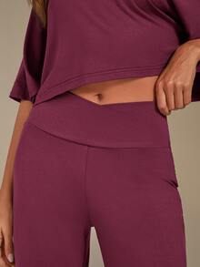 Athîral Women's Solid Color Asymmetric Collar Top & Pants Loungewear Set - Pink - View 5