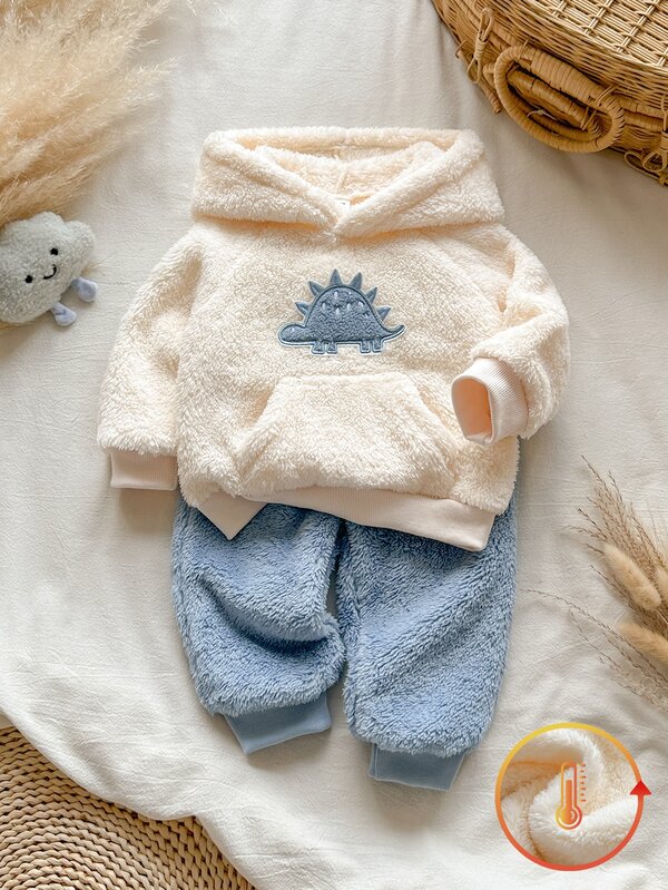 Vintaside Kids Baby Boy Comfortable Fashion Casual Fuzzy Cute Embroidered Pattern Front Pocket Apricot Long Sleeve Hooded Top With Blue Fuzzy Long Pants Soft Minimalist Versatile 2-Piece Set Suitable For Autumn/Winter Outdoor Indoor School Play And Various Occasions Daily Wear