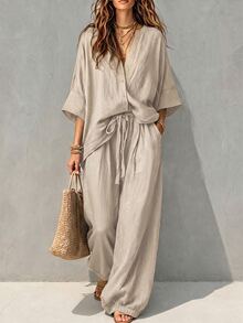 Breezaya 女款高級休閒百搭修身套裝，適合通勤、旅行、休閒、日常穿著與約會 - 卡其色 - 查看 1