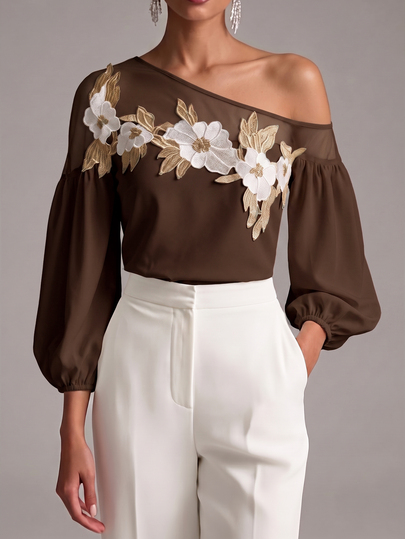 SHEIN Summer White Elegant Casual Asymmetric Neck Mesh Patchwork Lantern Sleeve 3D Floral Applique Comfortable Soft Silky Satin Evening Date Back To School Teacher's Day Romantic Women's Blouse