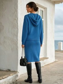 Faunlyn Women's Casual Elegant Solid Color Drop Shoulder Long Sleeve Drawstring Hooded Sweater And Knitted Skirt Set - Navy Blue - View 2