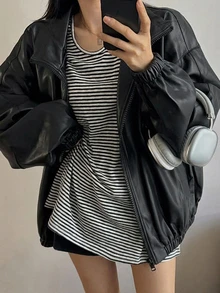 DAZY Women's Solid Color Zipper Casual Street Versatile Daily Travel Long Sleeve Leather Jacket Fall Winter Night Out Black - Grey - View 2