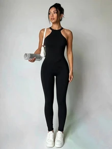SHEIN Dewbera Solid Color Backless Halter Neck Fitted Sports Jumpsuit - Black - View 4