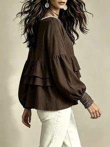 LUMIGAL Spring/Autumn Women's Lace V-Neck Ruffle Lantern Sleeve Casual Boho Blouse Dating Everyday Commuting Party Brown - Brown - View 5