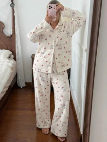 Dazy Plus Plus Size 2pcs/Set Thermal Lined Thickened Cute Long Pants Home Wear Pajama Set For Autumn/Winter - Apricot - View 4