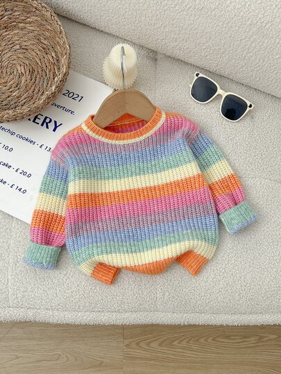 SHEIN Sweater Pullover Bayi Perempuan Motif Garis Pelangi Warna Kontras, Leher Bulat, Bahu Longgar, Kasual dan Serbaguna, Cocok untuk Musim Gugur/Musim Dingin
