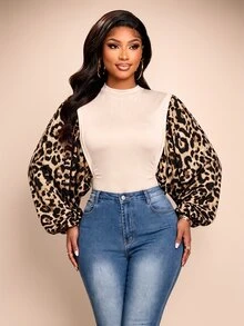 Brilight Puff Long Sleeve Crop Top Mock Neck Spliced Slim Ruched Blouse For Daily Streetwear Brunch Date Nigh - Apricot - View 9