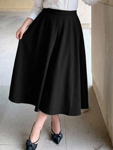 Dazy Plus Solid Color Fun Commuter Office Formal Wear Versatile A-Line Mid-Length Elegant Business Casual Skirt Black Fall - Black - View 4