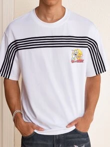 TOM & JERRY X SHEIN Men's Contrast Color Striped Cartoon Print Short Sleeve T-Shirt - White - View 3
