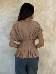 Aloruh 女款優雅通勤圓領套頭休閒條紋短袖上衣 - 摩卡棕 - 查看 2