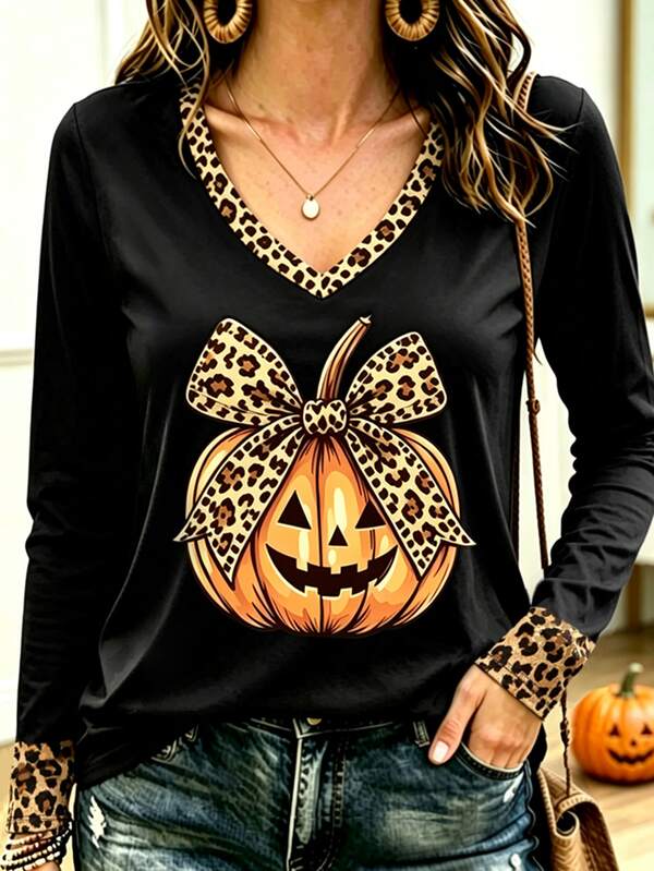 Breezaya T-shirt de moda de manga comprida com decote em V, tamanho grande, com padrão de abóbora e estampado leopardo de Halloween